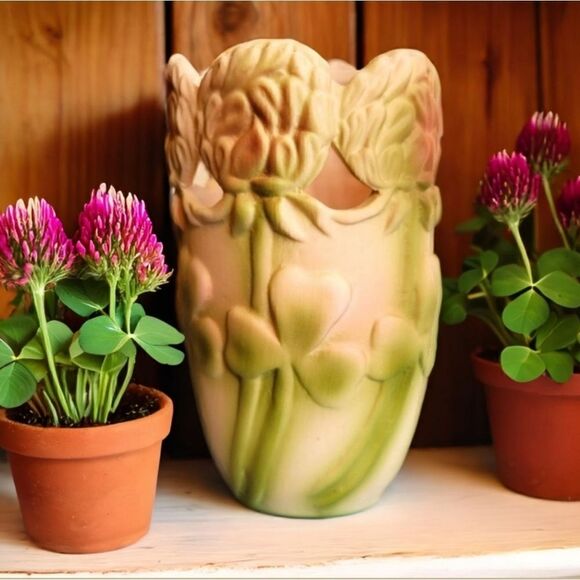 Vintage Raised Red Clover Bisque Porcelain Pottery Vase - Picture 1 of 14